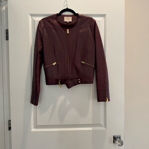 IRO Broome Cropped Leather Jacket in Burgundy with Gold Accents